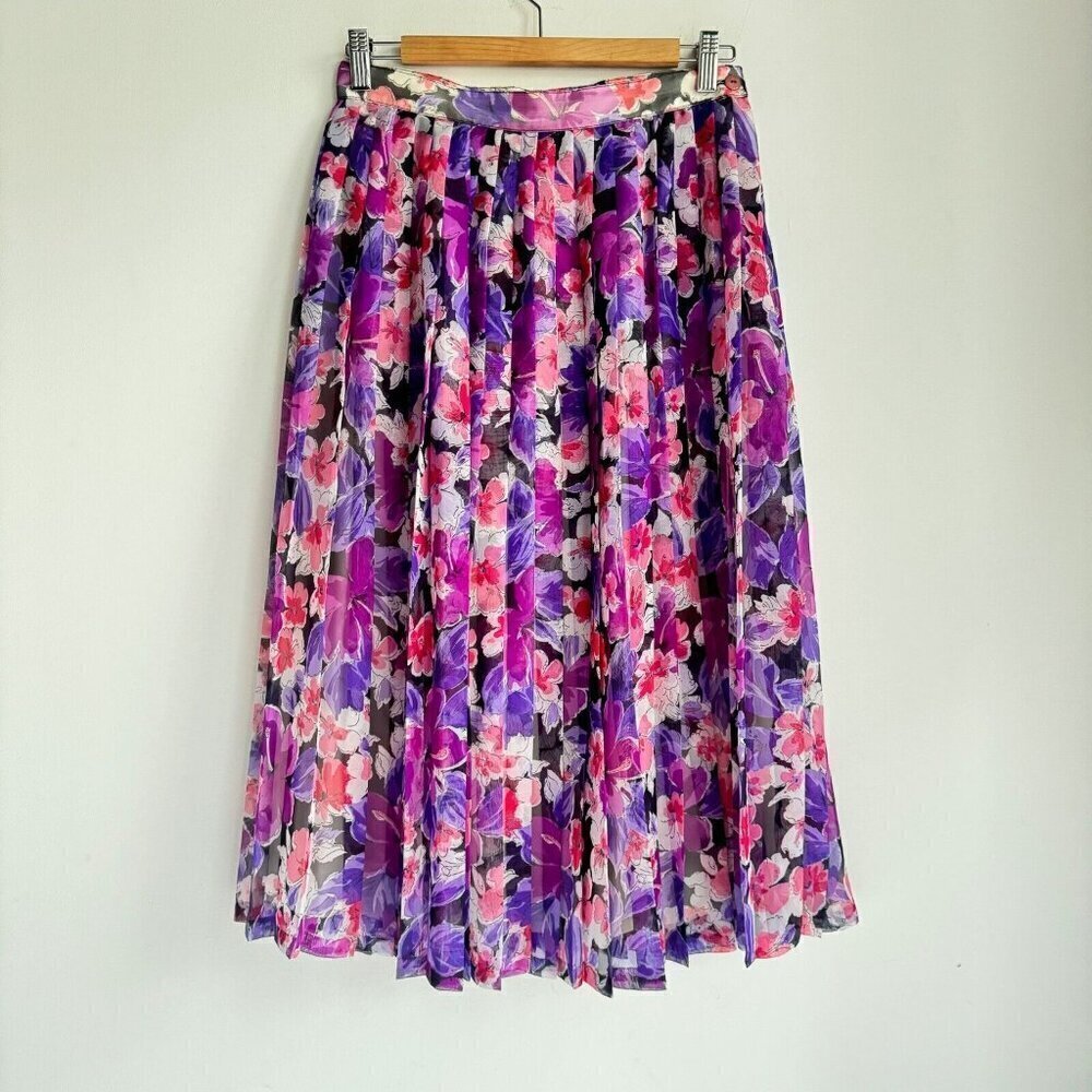 Vintage Pleated Purple Floral Chiffon Midi Skirt M